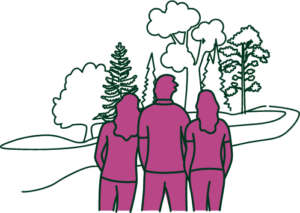 Illustration d'une famille de trois personnes debout devant des arbres