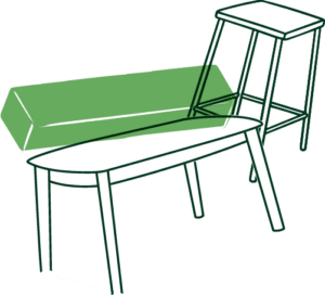 Illustration d'un ensemble de meubles verts : tabouret, table et planche en bois.